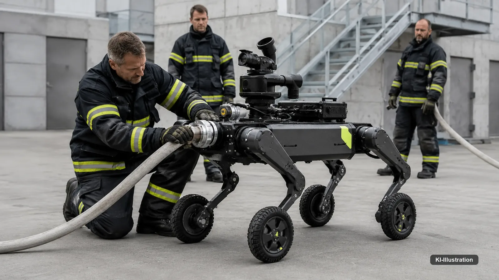Vierbeiniger Roboter mit Rädern an den Beinen und Sensorkopf auf dem Rücken in einer leeren Industriehalle