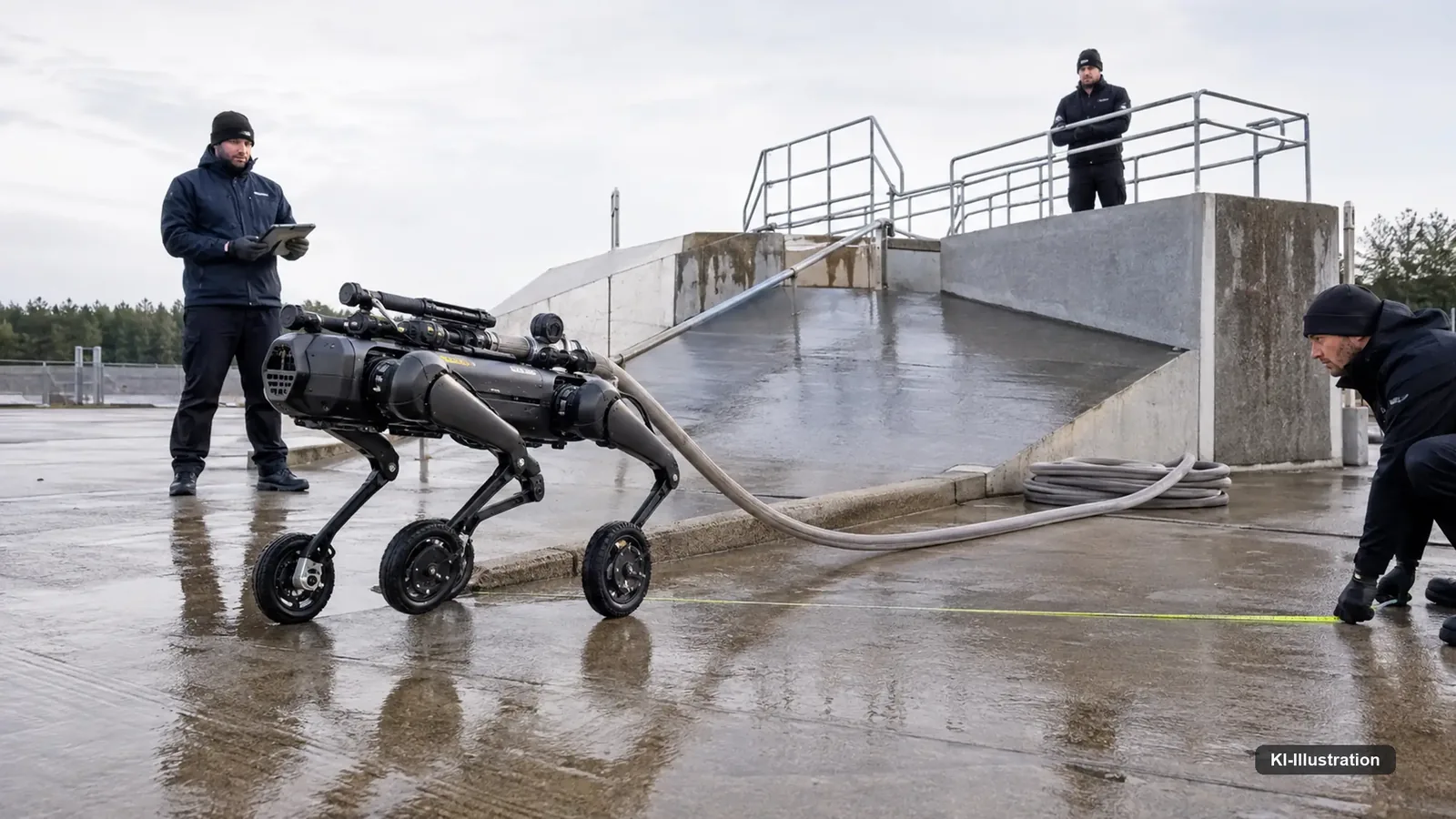 Vierbeiniger Roboter zieht auf einem Übungsgelände einen gefüllten Druckschlauch über eine Türschwelle