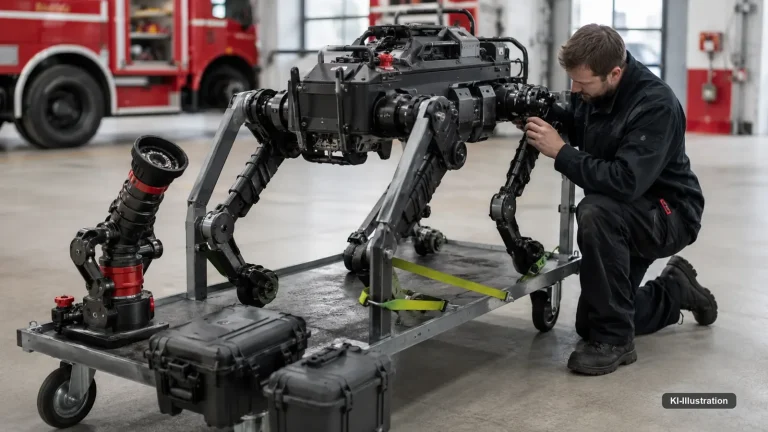 Vierbeiniger Roboter in einer offenen Transportkiste auf einer Laderampe, daneben Ersatzteilkarton und Versandpapiere