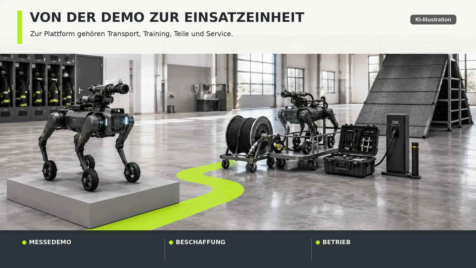 Organigramm einer Robotikeinheit mit den Rollen Bedienung, Auswertung, Werkstatt, Einsatzleitung und Transport
