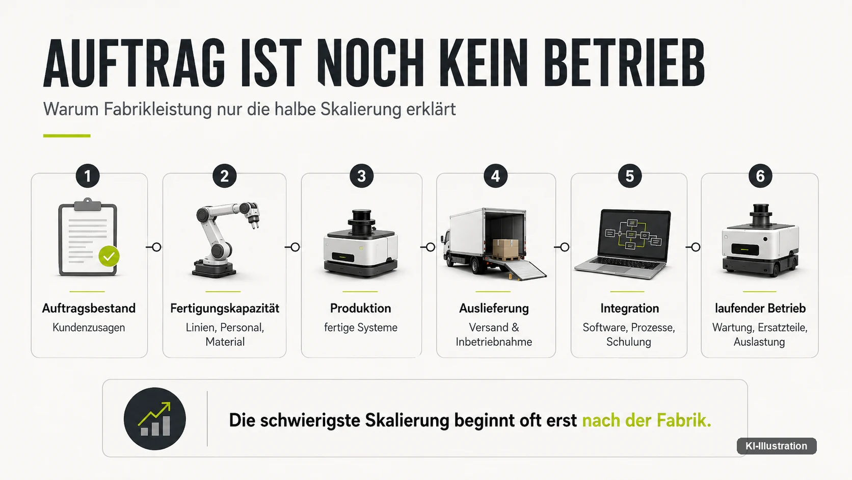 Sechs Stufen von Auftragsbestand und Fertigungskapazität über Produktion, Auslieferung und Integration bis zum laufenden Betrieb.