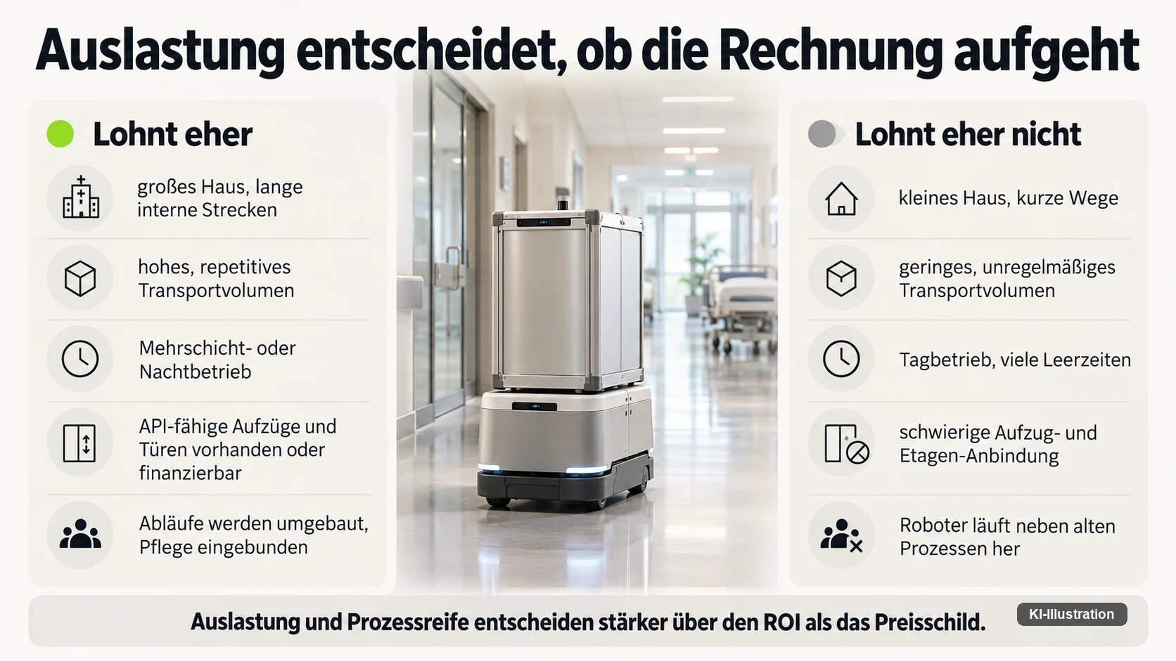Gegenüberstellung von fünf Faktoren: Hausgröße und Wege, Transportaufkommen, Schichtmodell, Integrationslage und Prozessreife, jeweils mit der Ausprägung, bei der sich ein Roboter eher lohnt und bei der eher nicht.