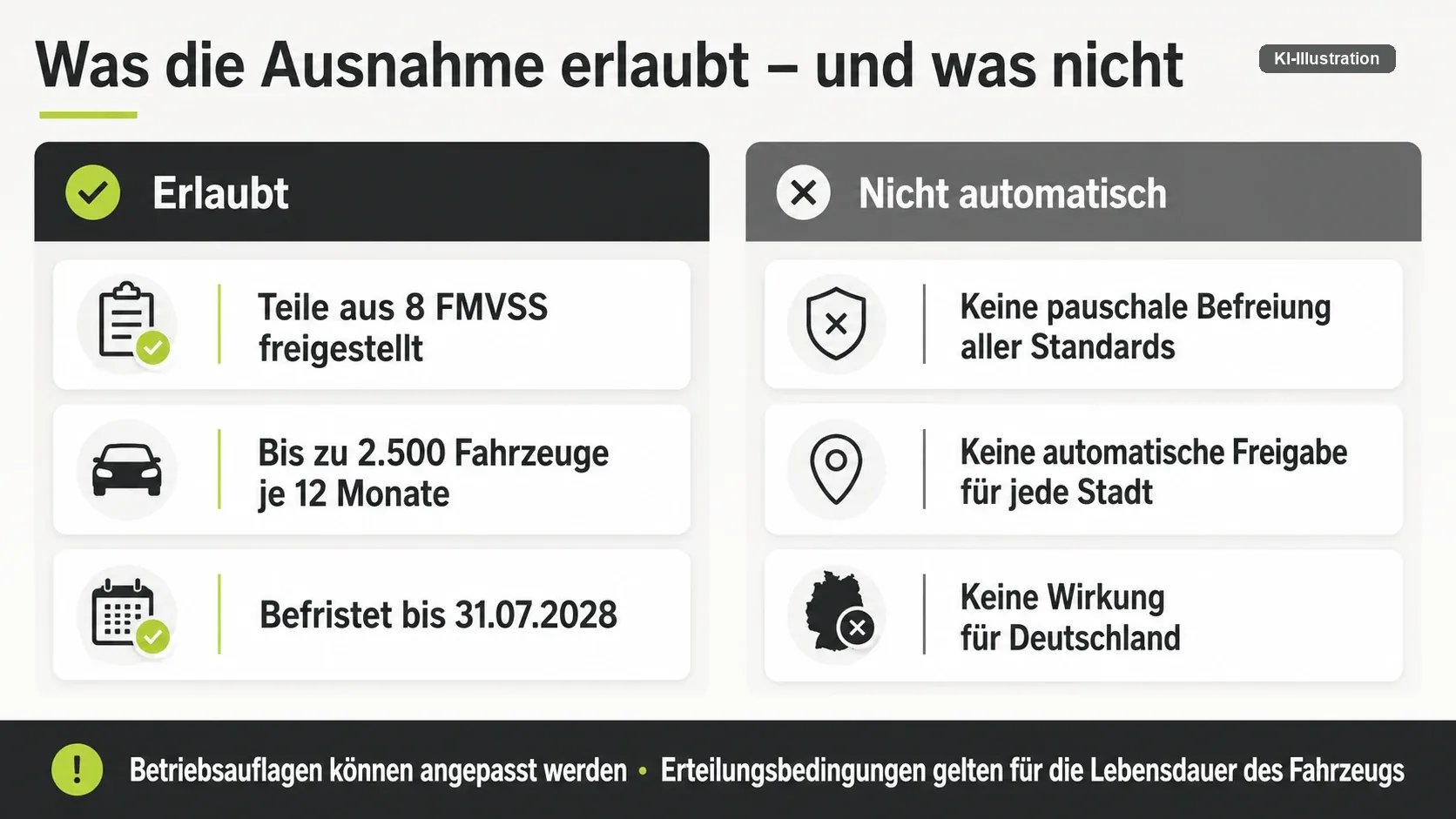 Zweispaltige Grafik: links Teile aus acht FMVSS freigestellt, bis 2.500 Fahrzeuge je zwölf Monate, befristet bis 31.07.2028; rechts keine pauschale Befreiung, keine automatische Stadtfreigabe, keine Wirkung für Deutschland.