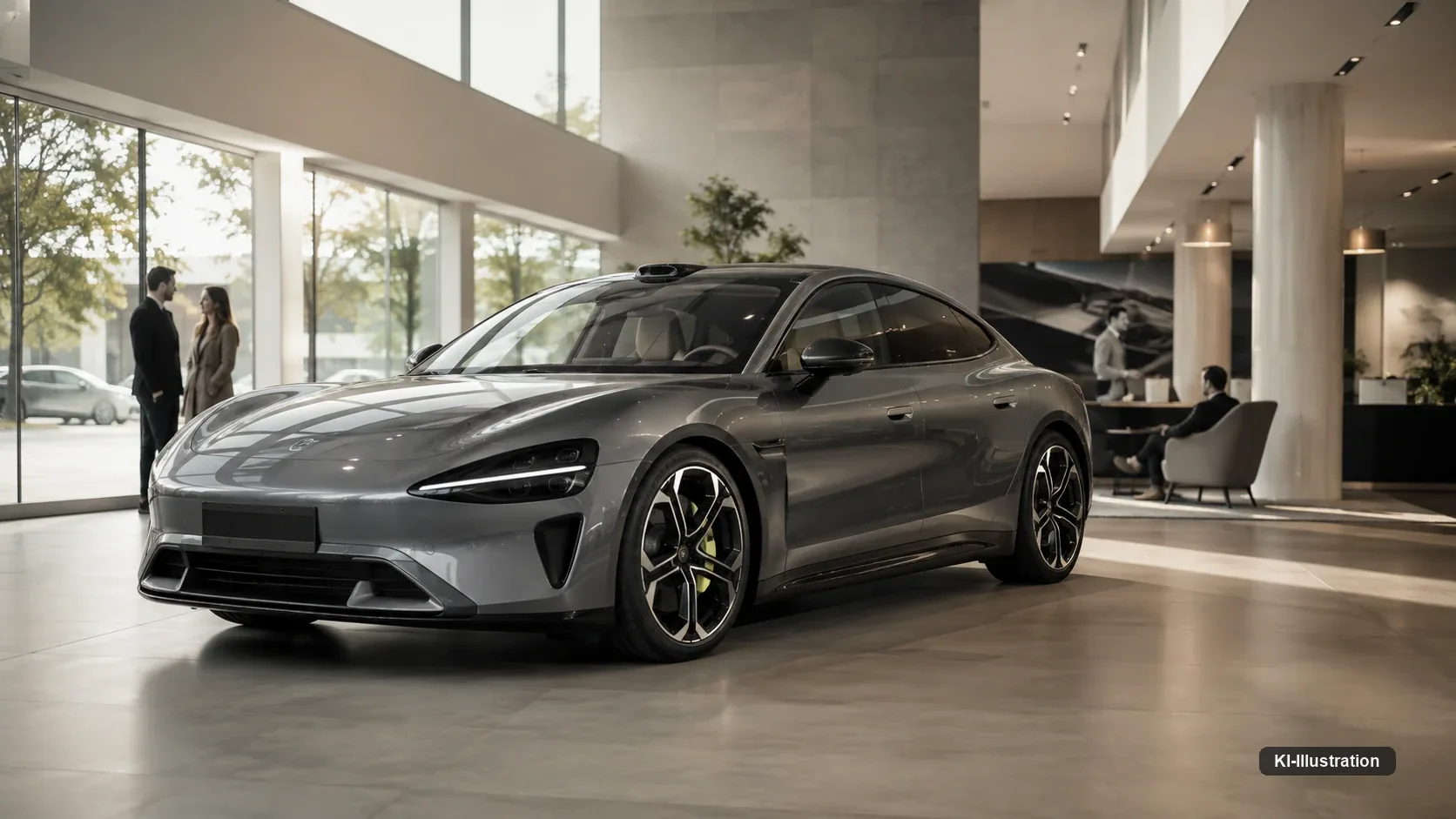 Graue Elektrolimousine in einem hellen Ausstellungsraum mit Glasfassade; im Hintergrund ein Beratungsgespräch an einem Tisch.