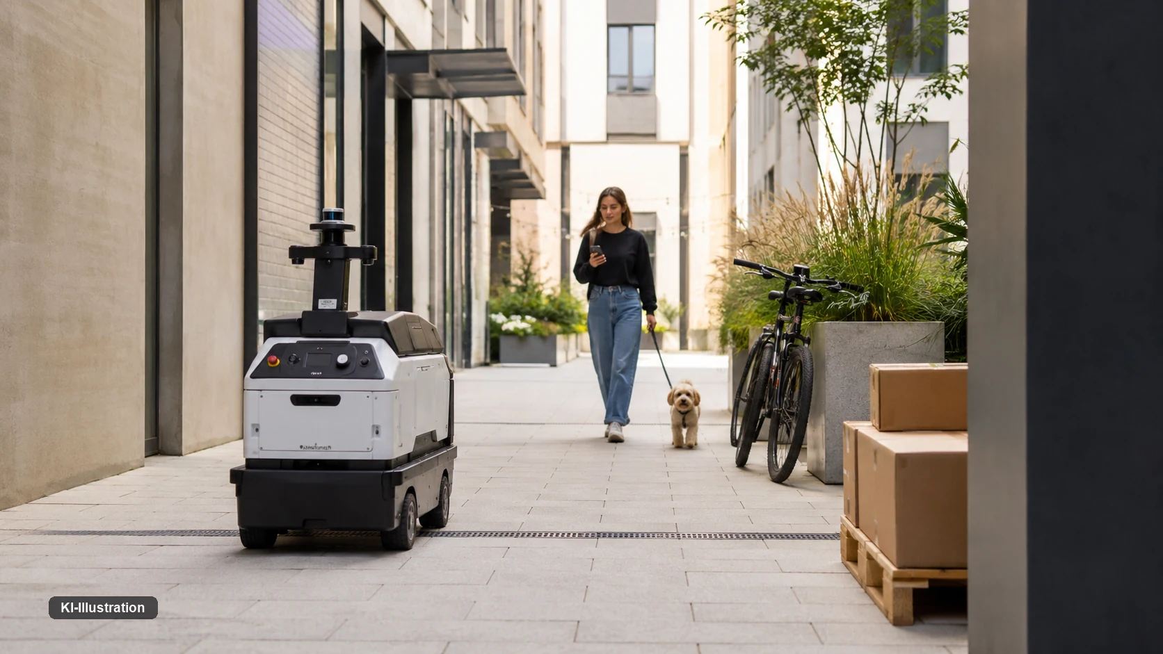 Ein autonomer Lieferroboter mit Laserscanner fährt durch einen gepflasterten Innenhof; ihm entgegen kommt eine Frau mit einem kleinen Hund an der Leine, rechts stehen Fahrräder und Paletten mit Kartons.