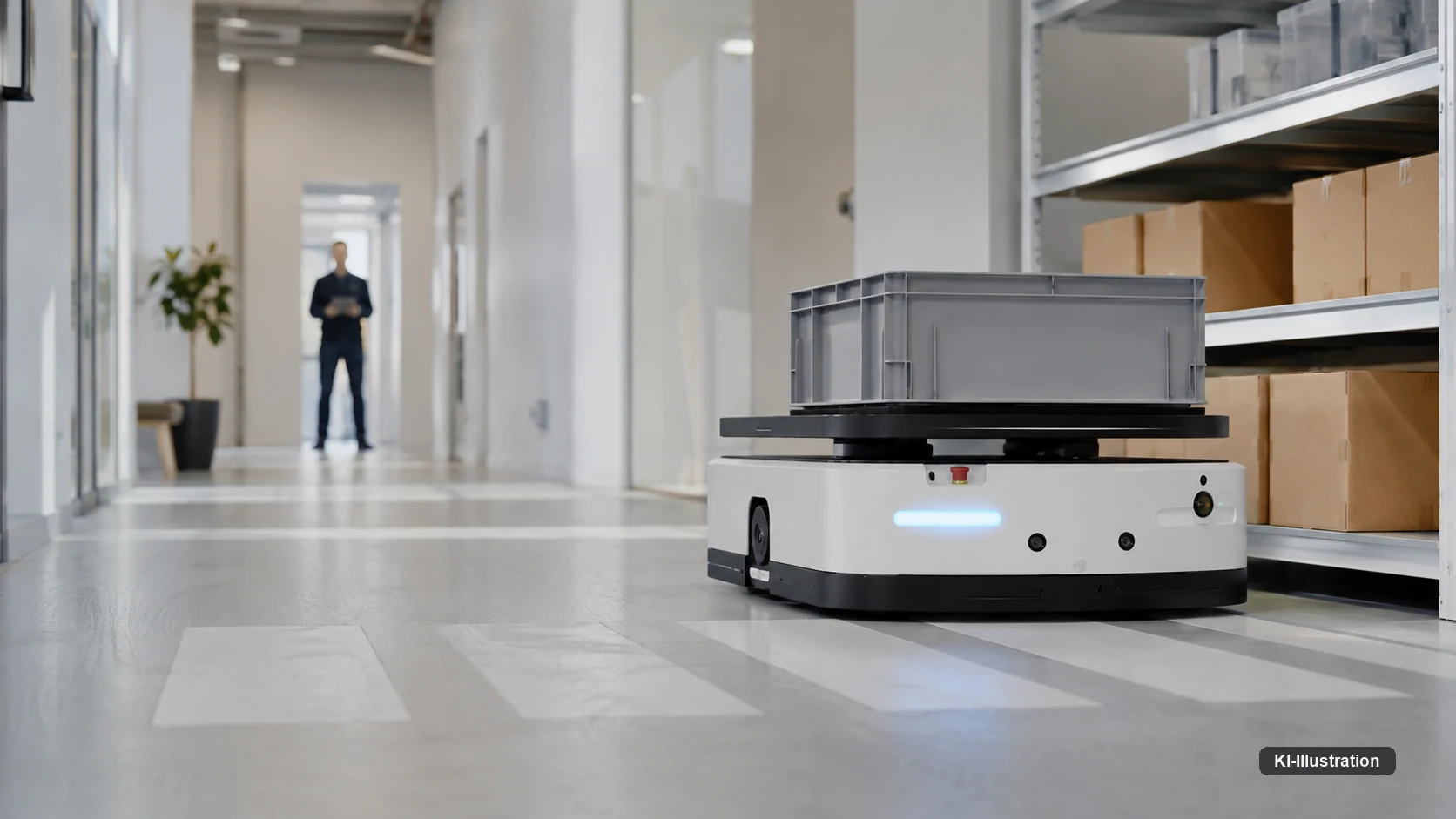 Ein flacher autonomer Transportroboter mit einer grauen Transportkiste fährt durch einen hellen Versorgungsgang; im Hintergrund steht eine Person mit einem Tablet, rechts stehen Regale mit Kartons.