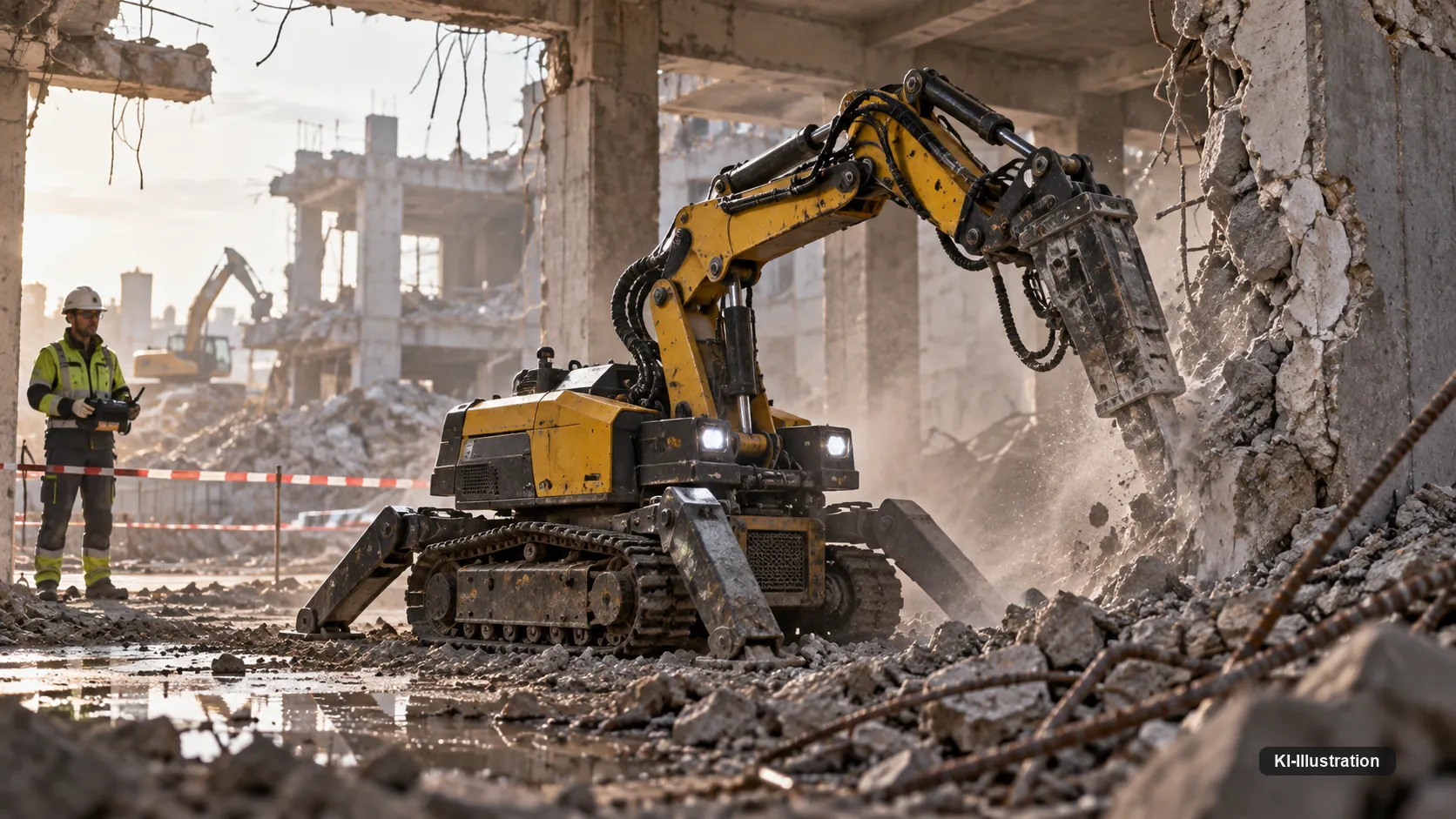 Ferngesteuerter Abbruchroboter mit Hydraulikhammer, Bedienperson mit Funkfernsteuerung im Vordergrund