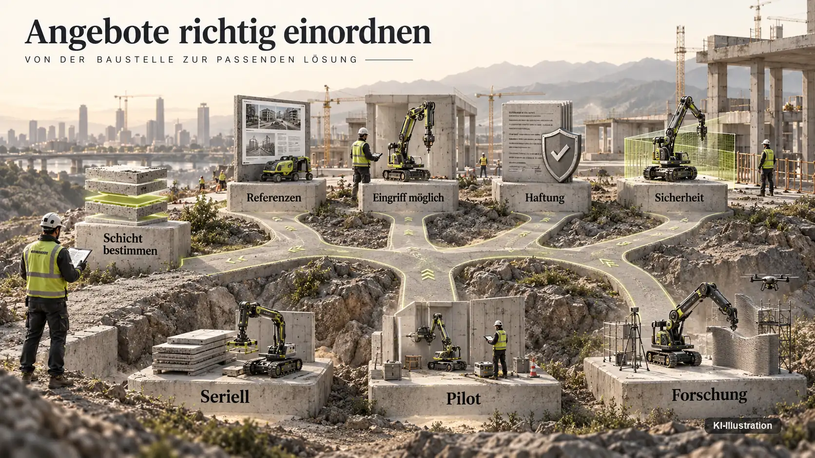 Grafik: Baurobotik-Angebote nach Schicht, Referenzen, Haftung und Sicherheit einordnen
