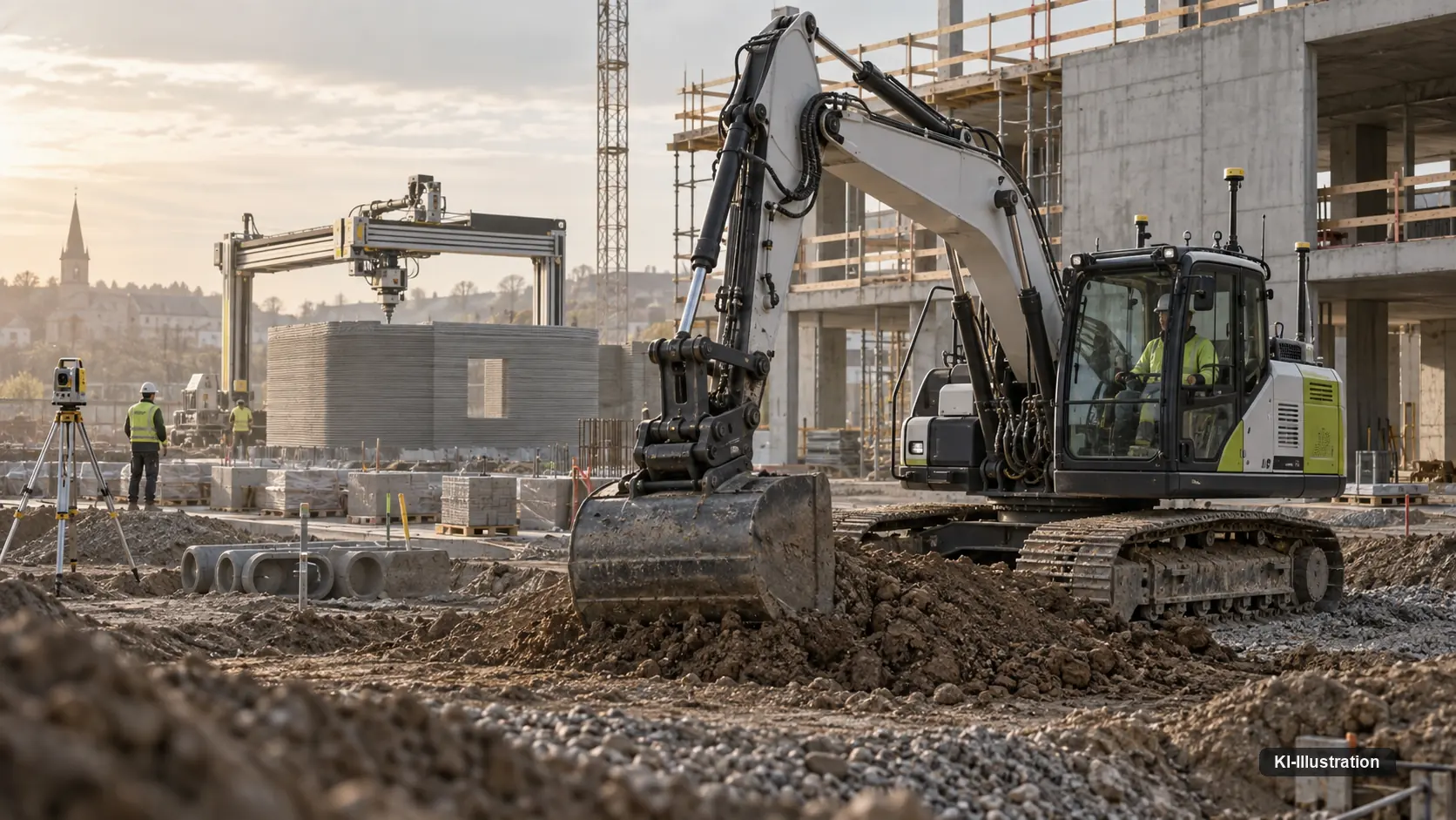 Baustelle mit Bagger, Vermessungstechnik und einem Portalsystem im Rohbau