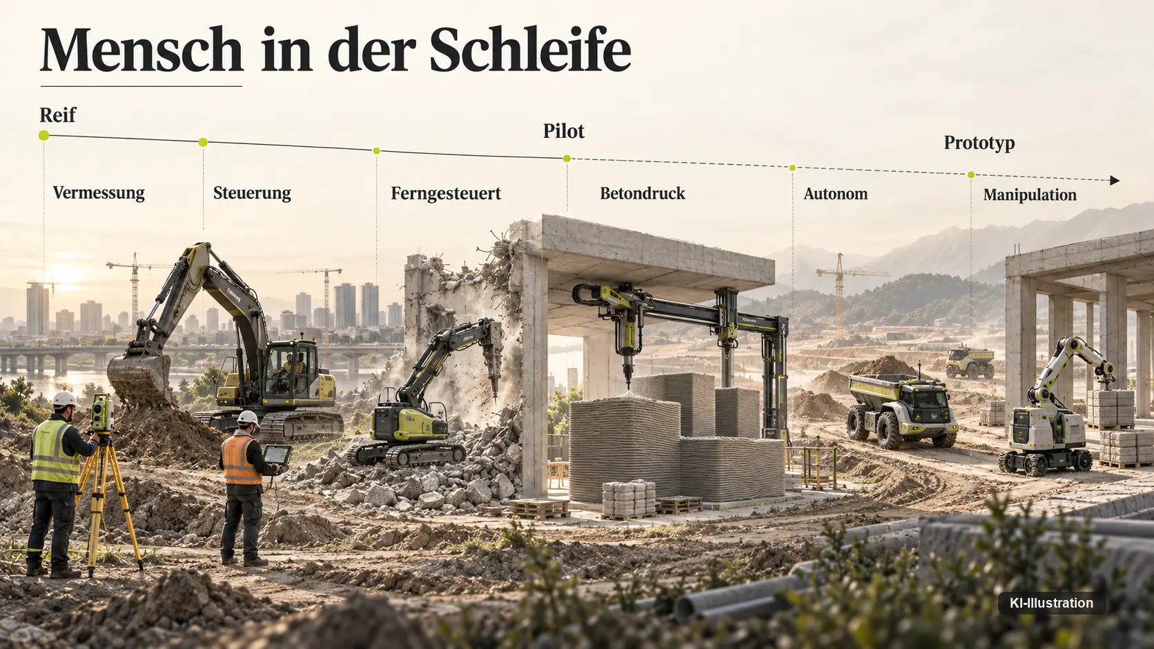 Grafik: Mensch in der Schleife bei Vermessung, Steuerung und ferngesteuertem Abbruch