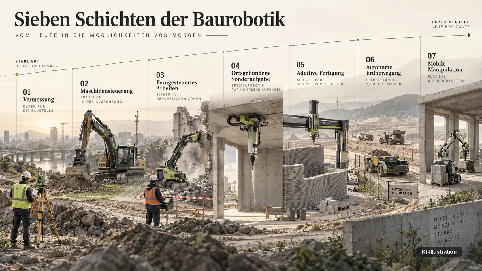 Grafik mit sieben Stufen der Baurobotik von Vermessung bis mobiler Manipulation