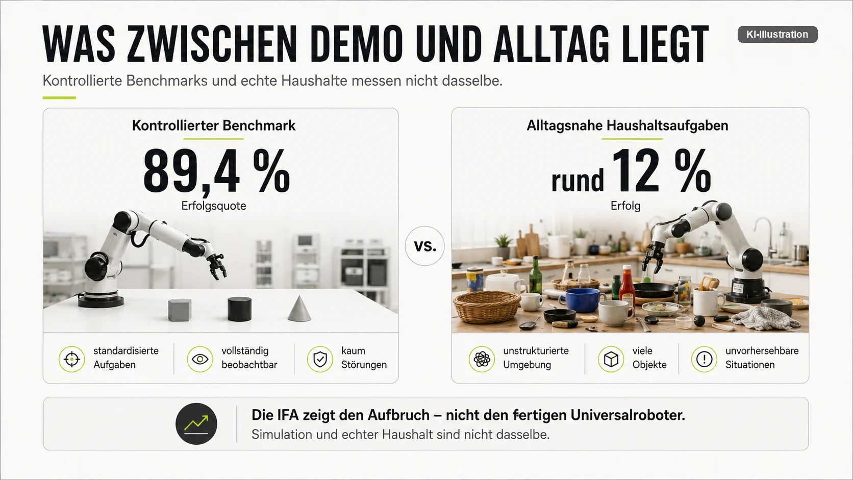 Gegenüberstellung zweier Erfolgsquoten: 89,4 Prozent in der softwarebasierten Simulation RLBench, rund 12 Prozent bei realen Haushaltsaufgaben.
