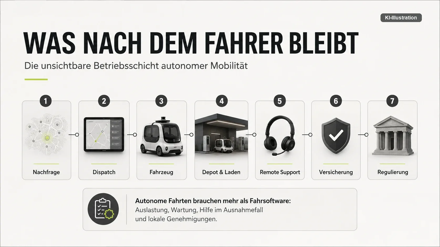 Kette aus sieben Feldern: Nachfrage, Dispatch, Fahrzeug, Depot und Laden, Remote Support, Versicherung, Regulierung.