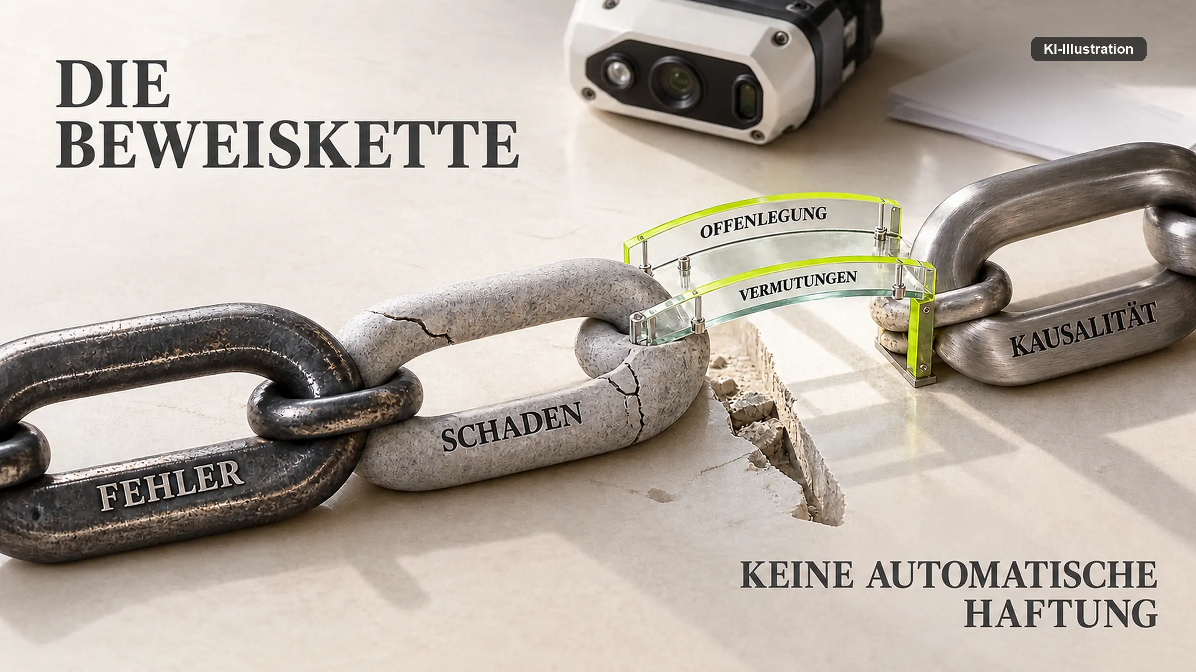 Eine Kette aus den Gliedern Fehler, Schaden und Kausalität; über einer Lücke im Untergrund spannen zwei Elemente mit den Aufschriften Offenlegung und Vermutungen.