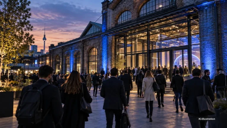 Besucherinnen und Besucher gehen abends auf eine blau angestrahlte Backsteinhalle zu, im Hintergrund der Berliner Fernsehturm.