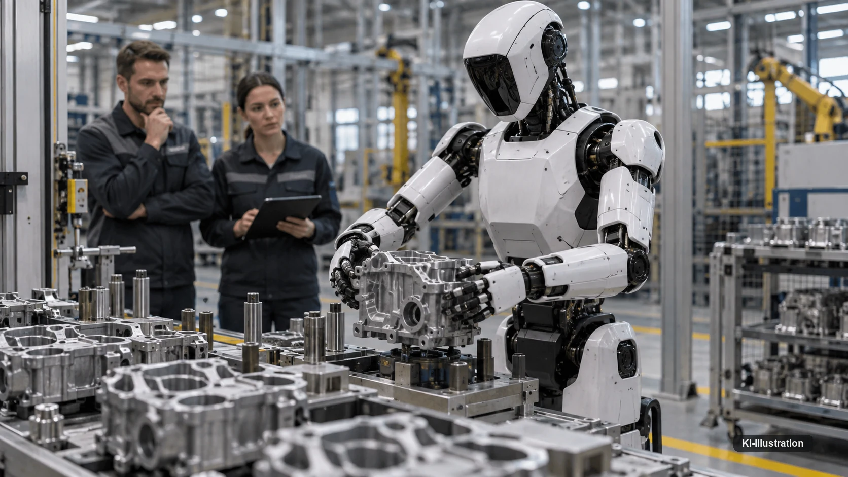 Ein humanoider Roboter hebt ein Aluminium-Gussteil auf eine Vorrichtung, zwei Beschäftigte in Arbeitskleidung beobachten ihn.