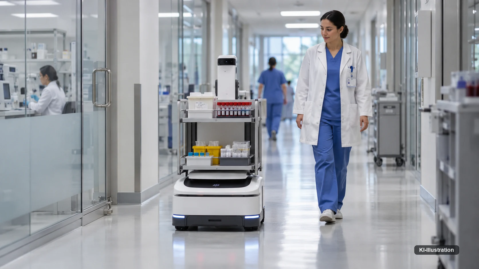 Ein mobiler Transportroboter mit Probenröhrchen und Verbrauchsmaterial fährt durch einen Klinikflur, eine Ärztin geht daneben.