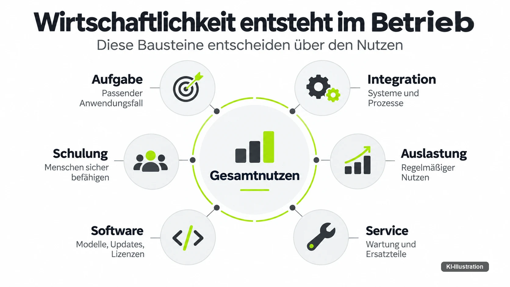 Sechs Bausteine um einen Mittelpunkt mit der Aufschrift Gesamtnutzen: Aufgabe, Integration, Auslastung, Service, Software, Schulung.