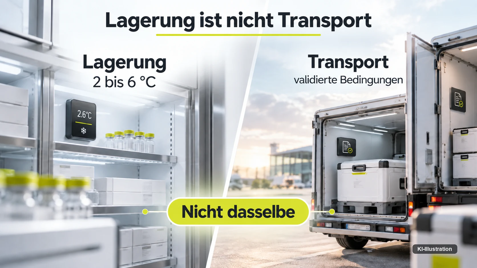Gegenüberstellung von Lagerung bei plus 2 bis plus 6 Grad Celsius und Transport unter validierten Bedingungen als zwei verschiedene Anforderungen.