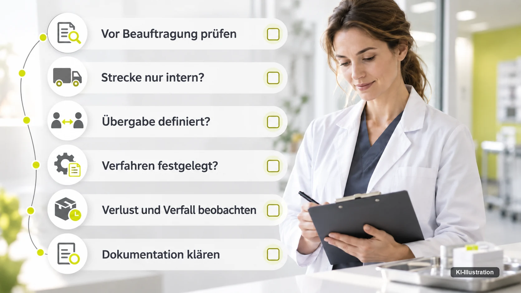 Checkliste mit sechs leeren Kästchen: vor Beauftragung prüfen, Strecke nur intern, Übergabe definiert, Verfahren festgelegt, Verlust und Verfall beobachten, Dokumentation klären.