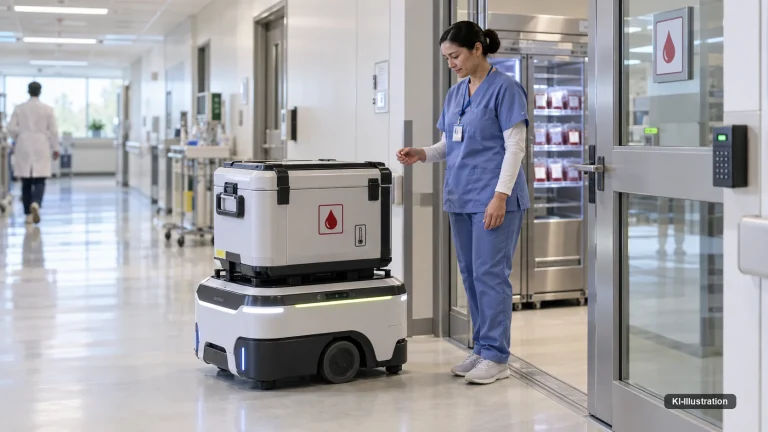 Ein autonomer Transportroboter mit aufgesetzter Transportbox für Blutkonserven steht vor der Schleuse eines Blutdepots, eine Pflegekraft bedient das Zugangsterminal.