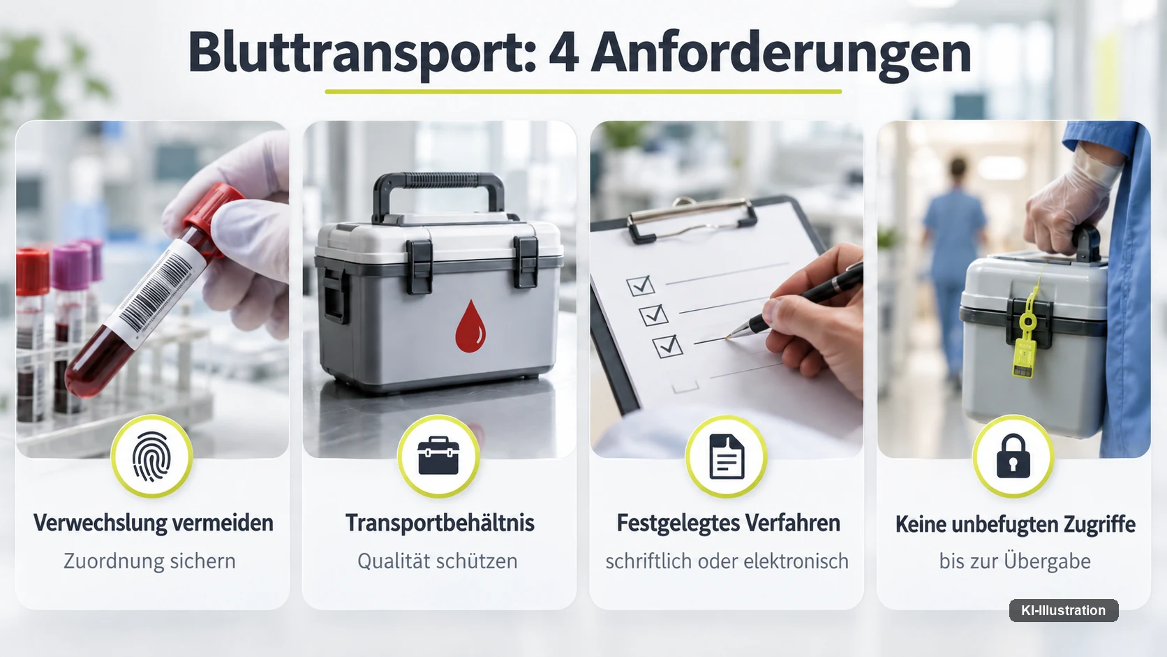 Vier Anforderungen an den Transport von Blutprodukten: Verwechslungen vermeiden, geeignetes Transportbehältnis, festgelegtes Verfahren und kein Zugriff Unbefugter bis zur Übergabe.