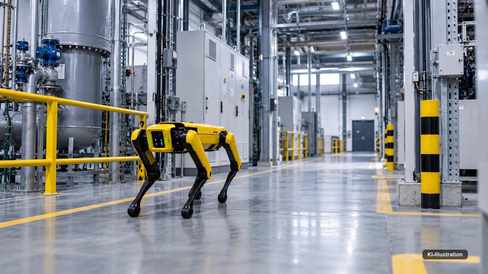 Ein vierbeiniger Inspektionsroboter in gelb-schwarzer Lackierung geht eine feste Route durch einen Hallengang; links Rohrleitungen und ein gelbes Gelaender, rechts Schaltschraenke und Rammschutz, auf dem Boden eine gelbe Markierung.