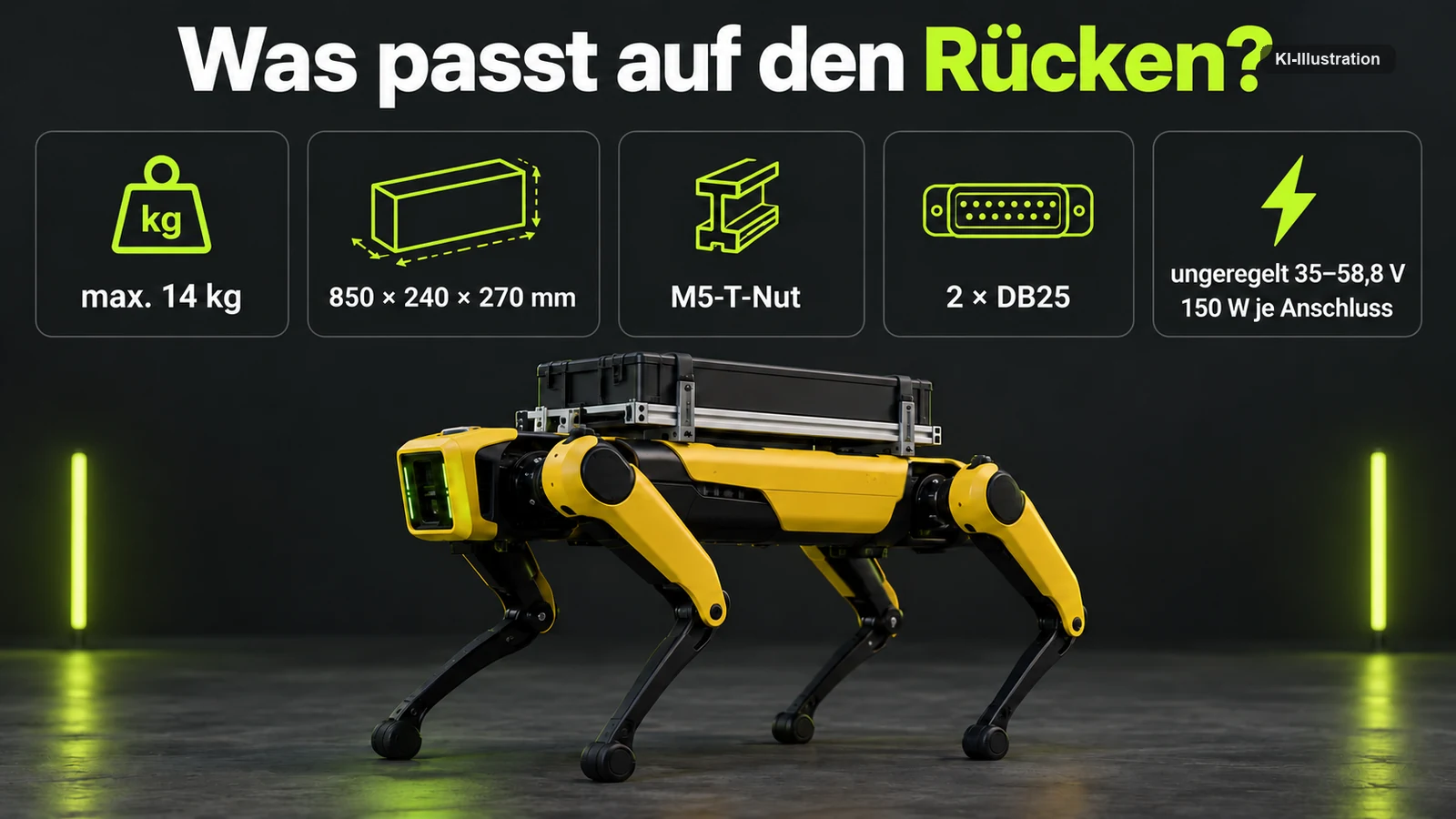 Redaktionelle Grafik: fünf Felder nennen maximal 14 Kilogramm, eine Montagefläche von 850 mal 240 mal 270 Millimetern, M5-T-Nut-Schienen, zwei DB25-Anschlüsse und eine ungeregelte Versorgung von 35 bis 58,8 Volt mit 150 Watt je Anschluss.