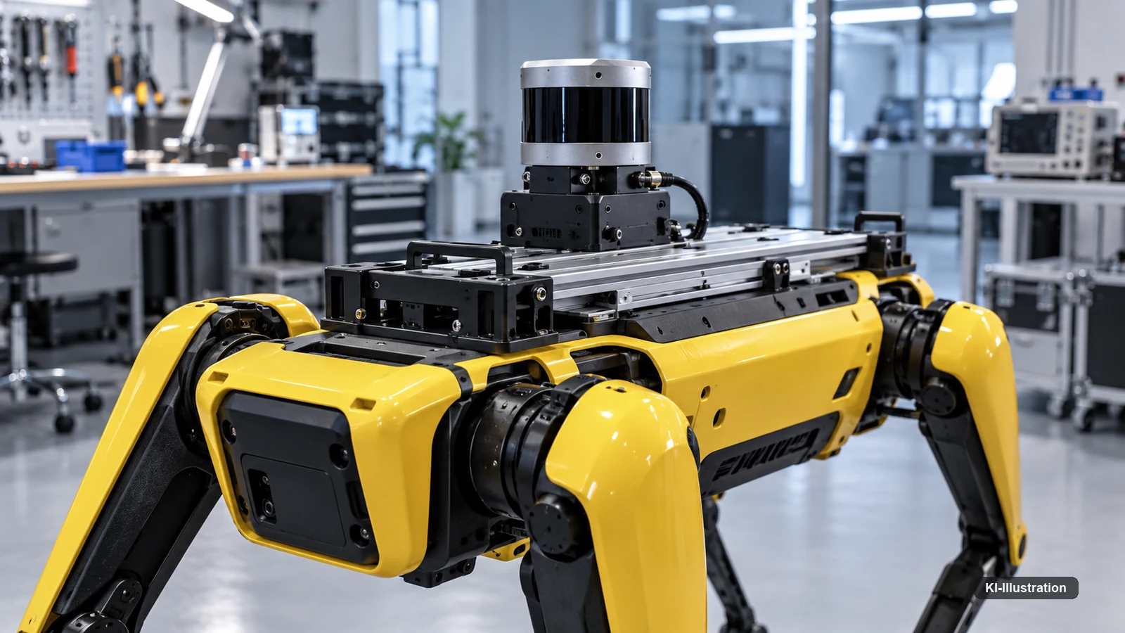 Nahaufnahme des Roboterrückens: auf Aluminiumschienen sitzt ein zylindrischer Laserscanner, dahinter eine Werkstatt mit Werkbänken.