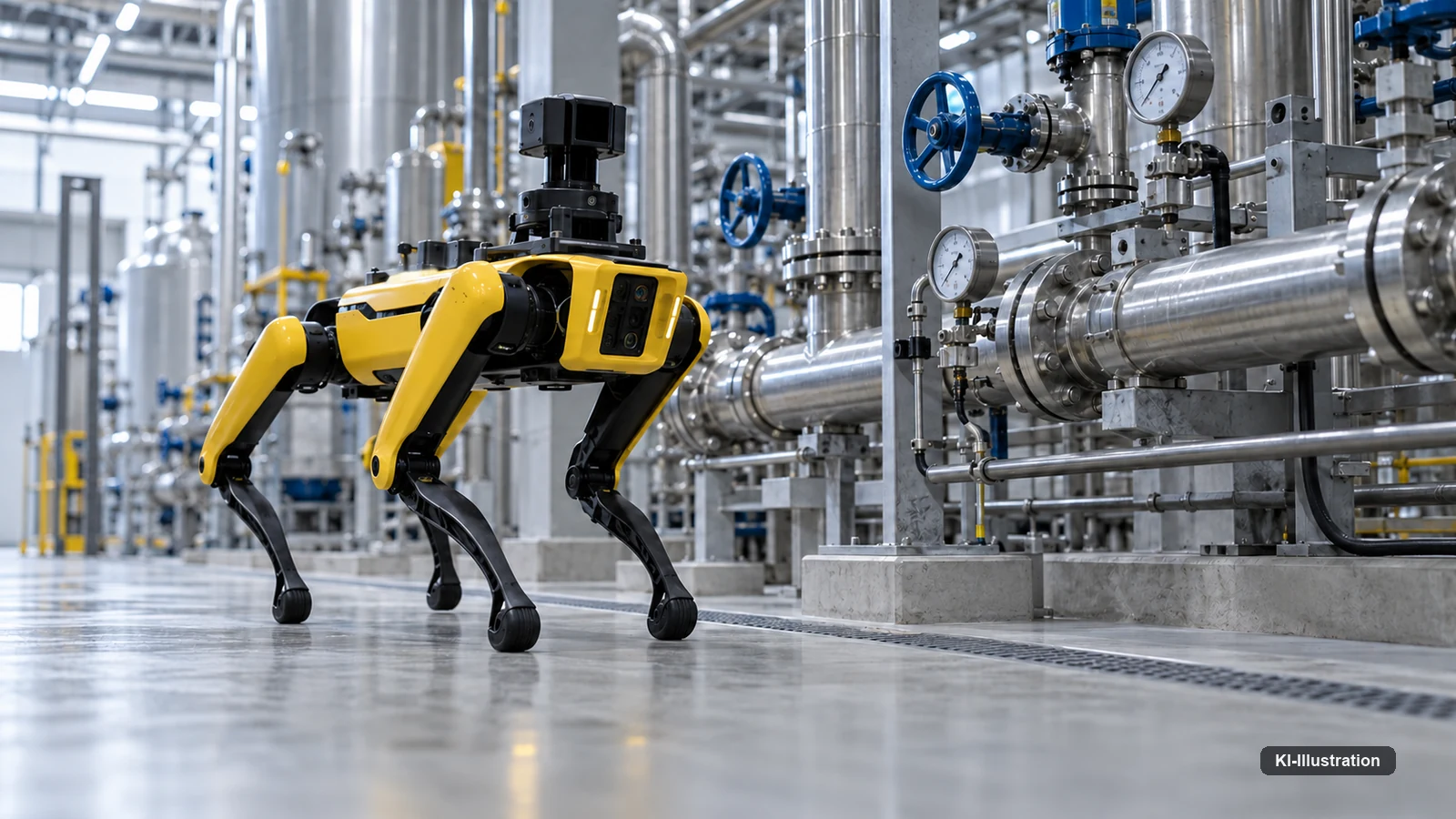 Vierbeiniger Inspektionsroboter in gelb-schwarzer Lackierung geht durch eine Prozessanlage mit Edelstahlrohren, blauen Absperrarmaturen und Manometern.