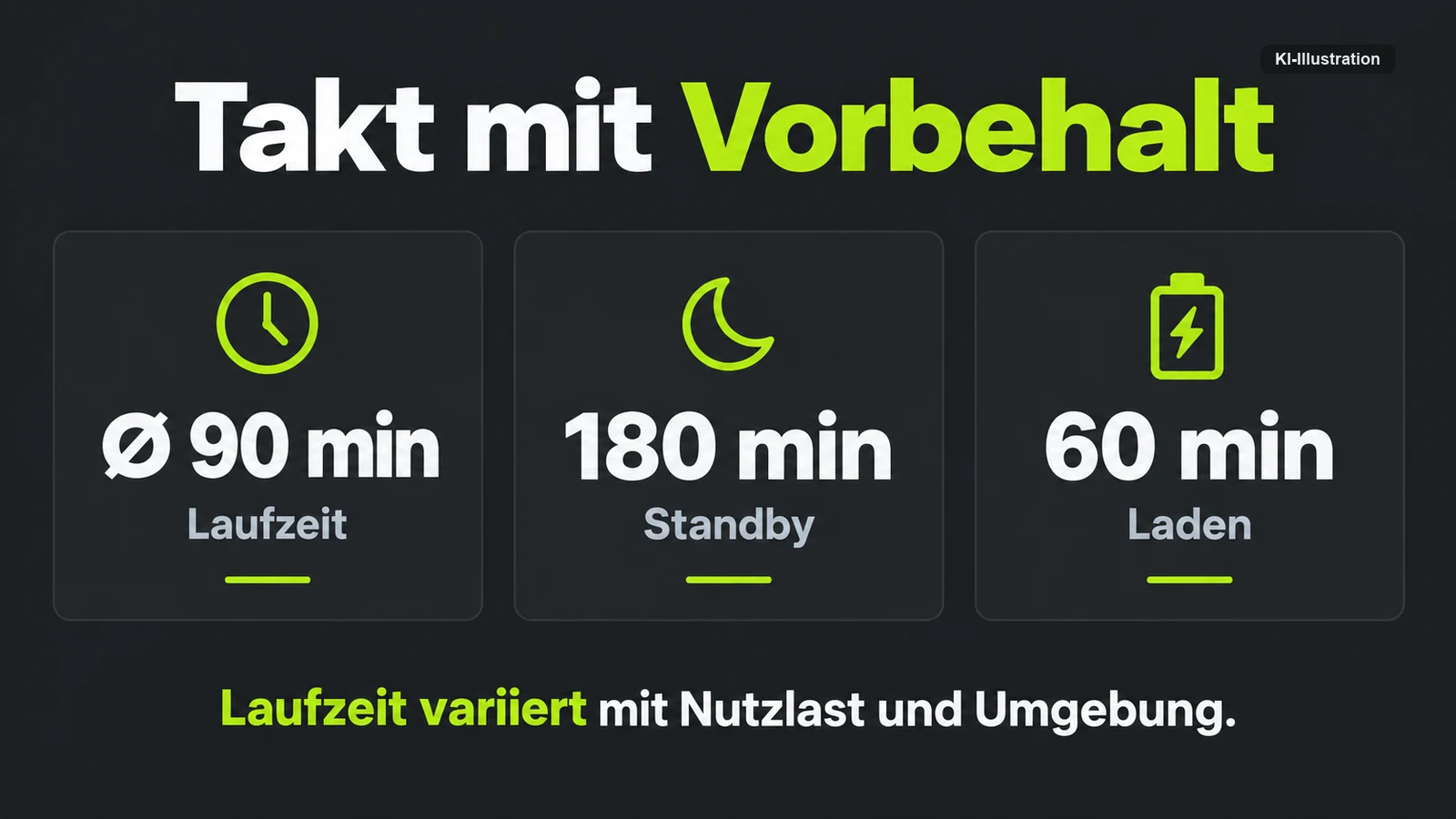 Redaktionelle Grafik: durchschnittlich 90 Minuten Laufzeit, 180 Minuten Standby, 60 Minuten Laden; die Fußzeile hält fest, dass die Laufzeit mit Nutzlast und Umgebung variiert.