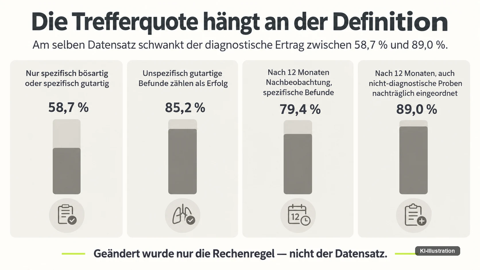 Vier Balken zum diagnostischen Ertrag am selben Datensatz: 58,7 Prozent bei strenger Definition, 85,2 Prozent mit unspezifisch gutartigen Befunden, 79,4 Prozent nach zwölf Monaten und 89,0 Prozent mit nachträglicher Einordnung.