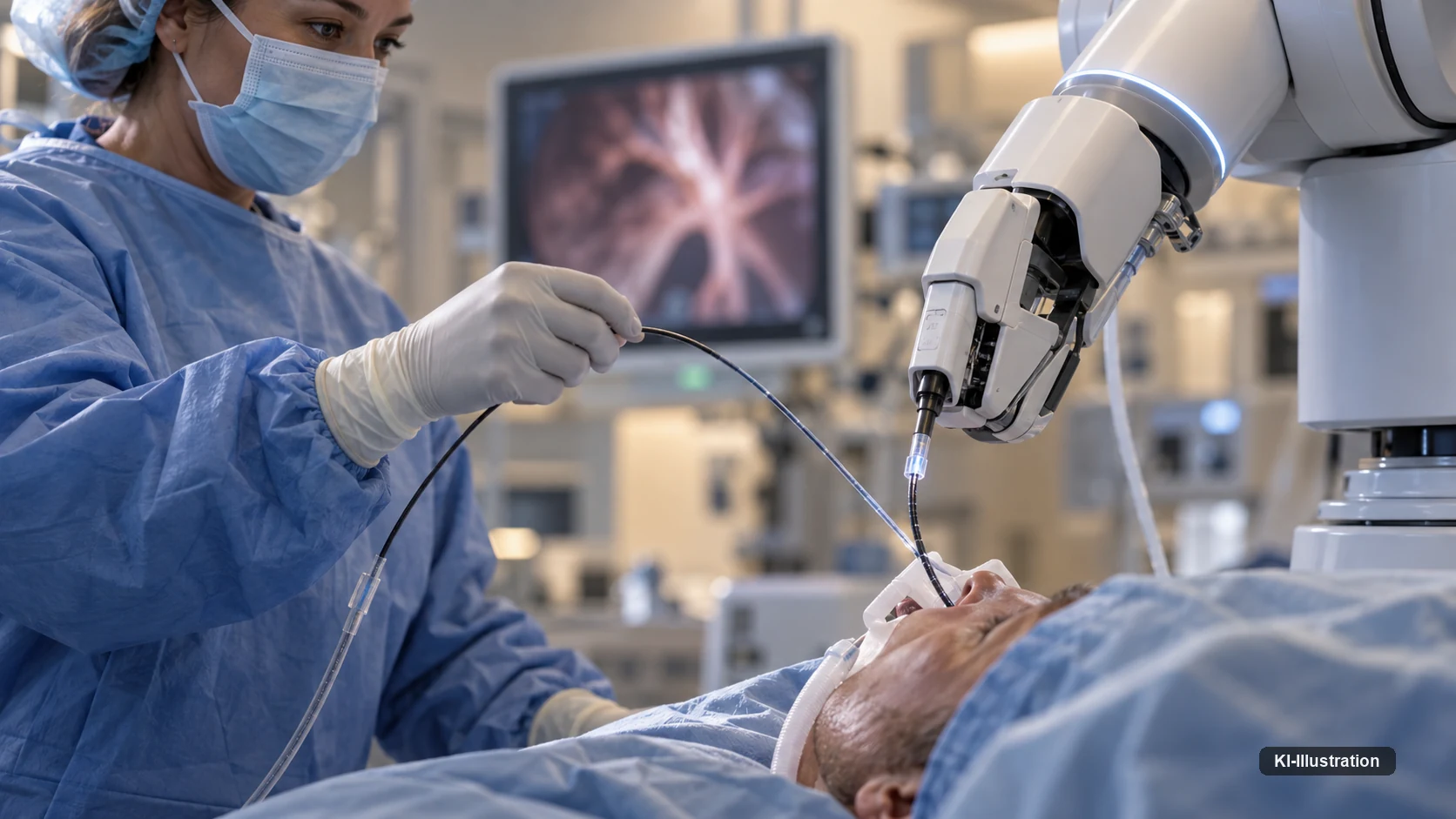 Eine Ärztin führt einen dünnen Katheter in die Aufnahme eines robotischen Bronchoskopiesystems ein; der Patient ist intubiert, auf dem Monitor läuft die Sicht im Bronchialbaum.