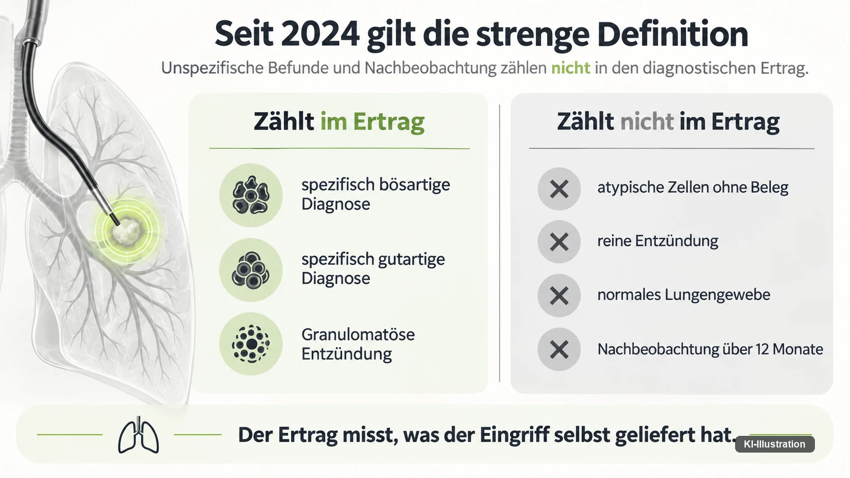 Gegenüberstellung: Im Ertrag zählen spezifisch bösartige und spezifisch gutartige Diagnosen sowie granulomatöse Entzündung; nicht im Ertrag zählen atypische Zellen ohne Beleg, reine Entzündung, normales Lungengewebe und die Nachbeobachtung über zwölf Monate.