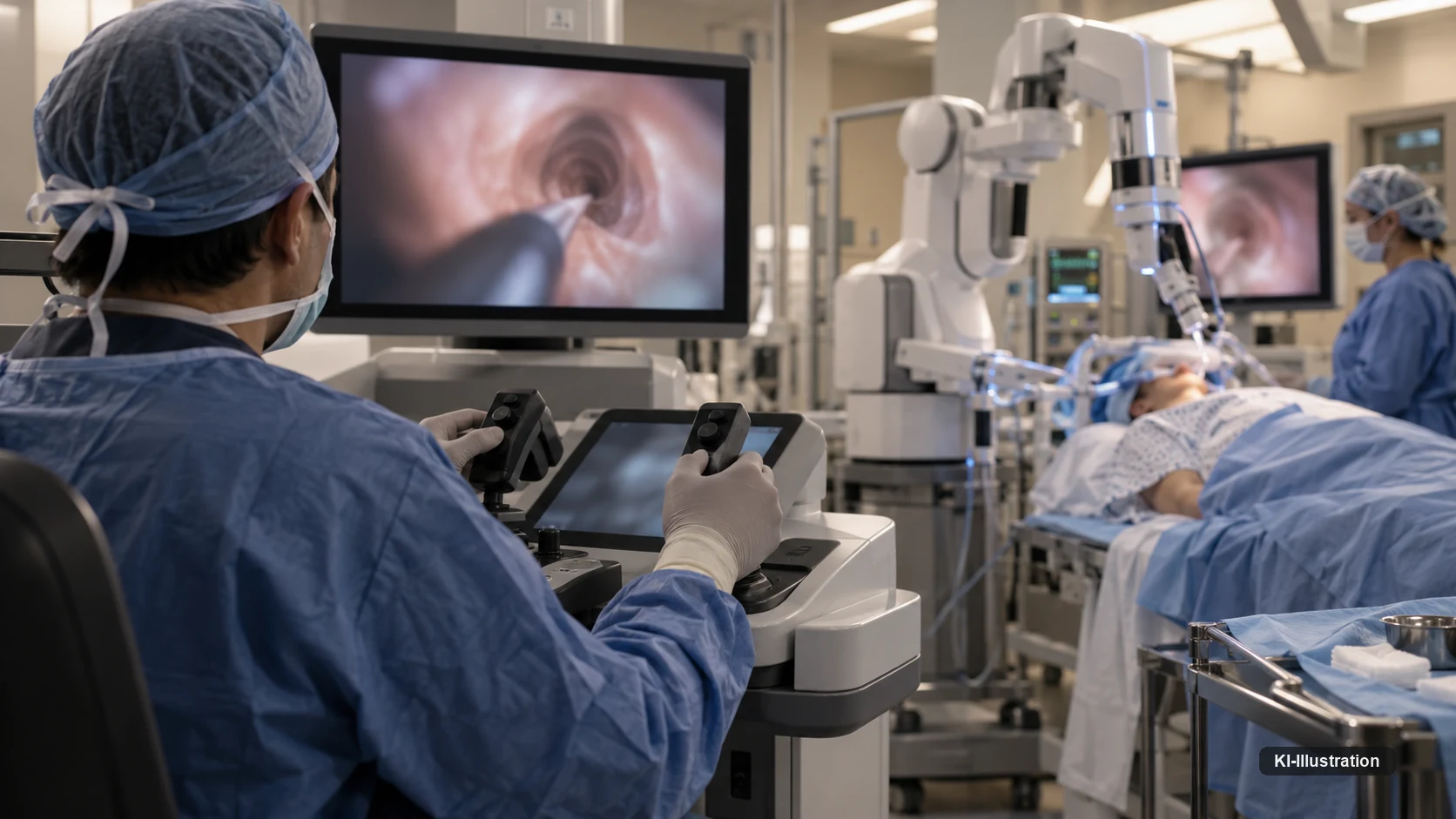 Ein Arzt steuert an einer Konsole mit zwei Bedienhebeln ein robotisches Bronchoskopiesystem; auf dem Monitor die Sicht im Bronchus, im Hintergrund der Patient und das Assistenzteam.