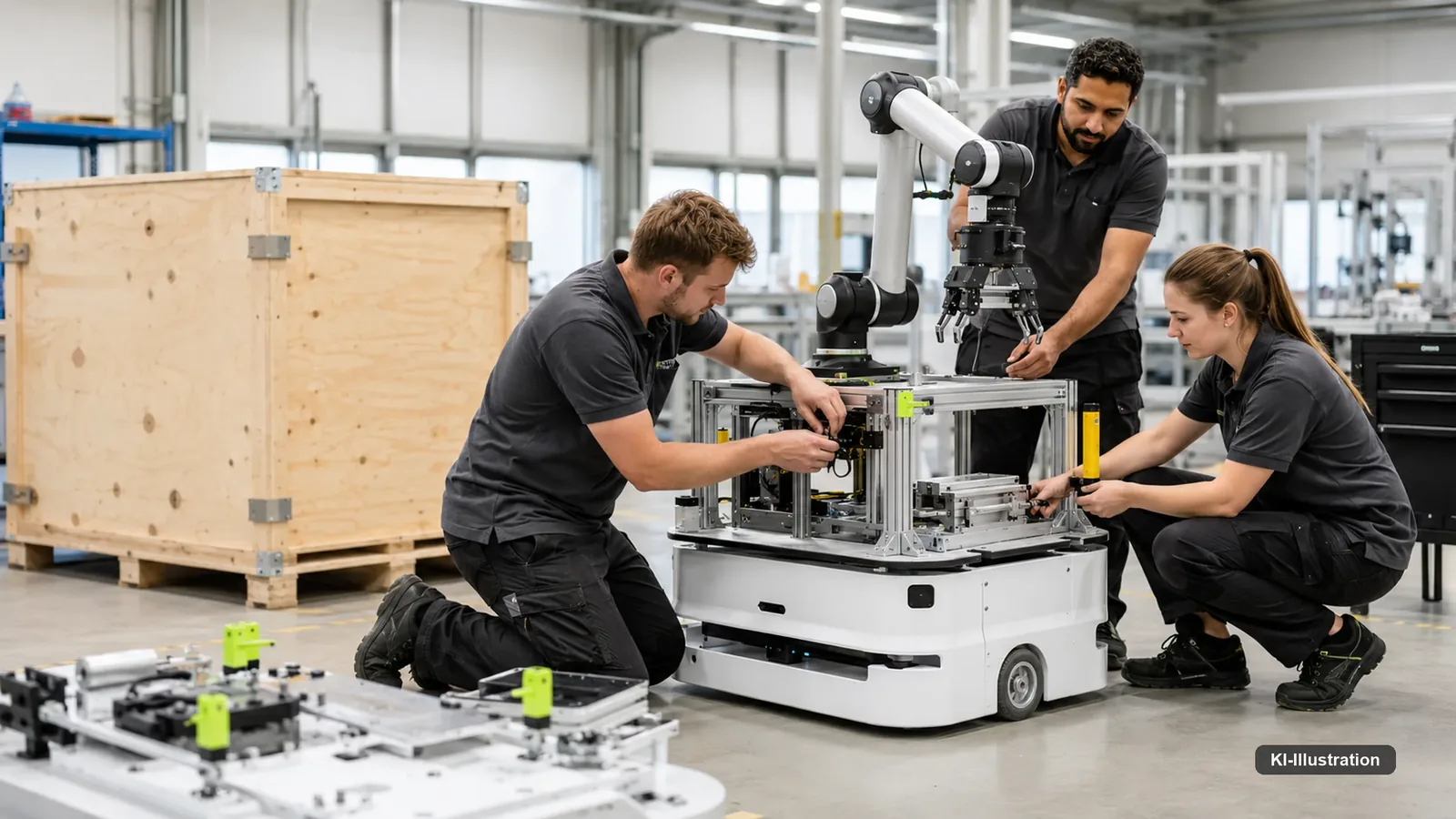 Bürogebäude mit Empfangsbereich, im Inneren ein Schulungsraum mit Roboterarm und mehreren Personen an Arbeitsplätzen.
