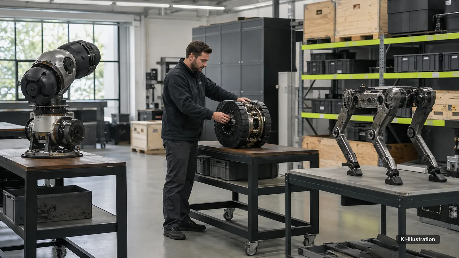 Werkstattraum mit einem Regal voller Ersatzteile, daneben eine Technikerin mit Laptop an einem Serviceroboter.