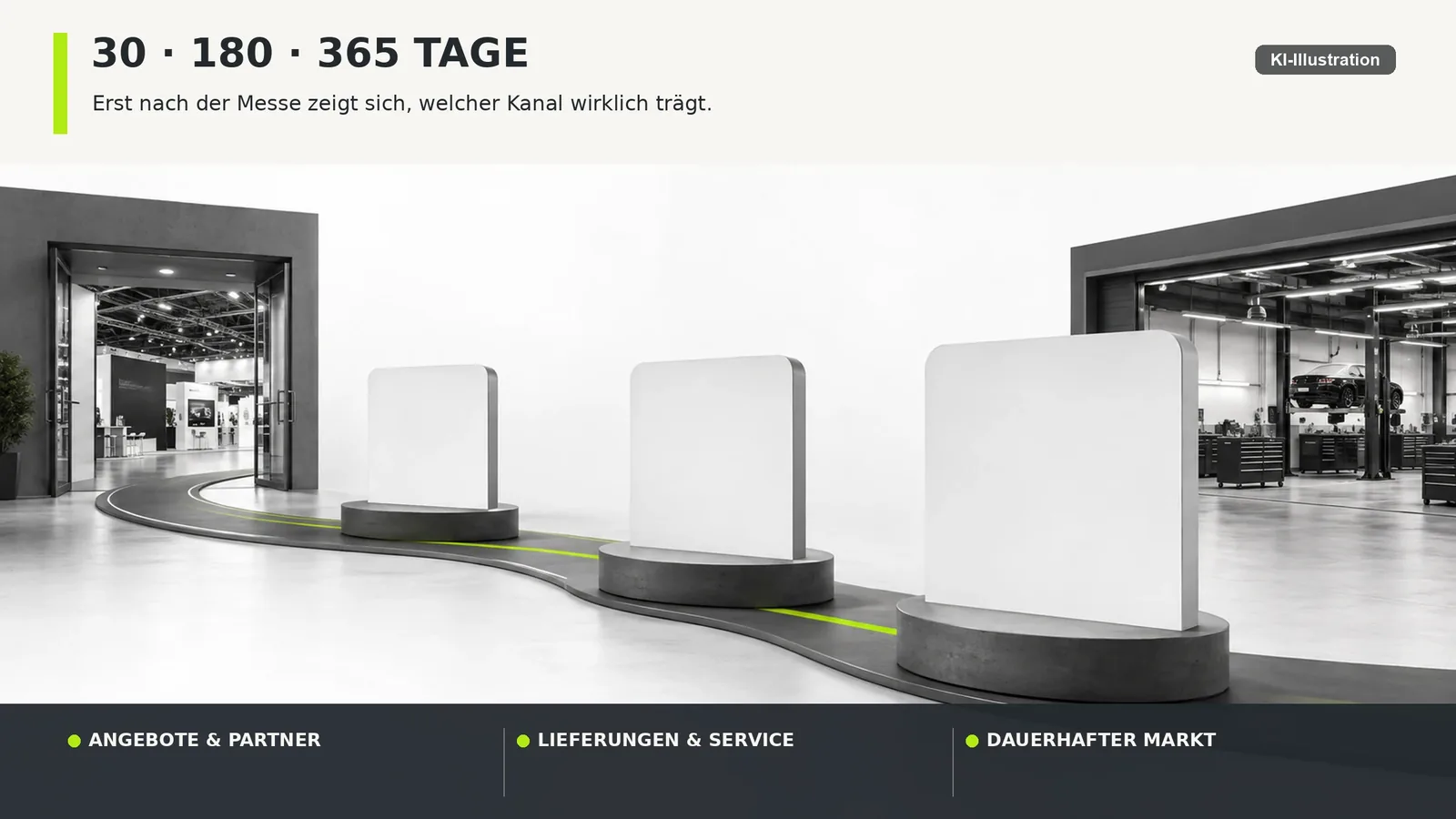 Zeitstrahl mit drei Markierungen bei 30, 180 und 365 Tagen, darüber jeweils ein Symbol für Angebot, Lieferung und Servicefall.