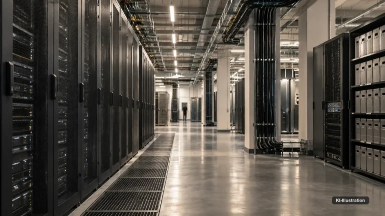 Gang zwischen Serverschränken in einem Rechenzentrum, Statusleuchten und gebündelte Netzwerkkabel