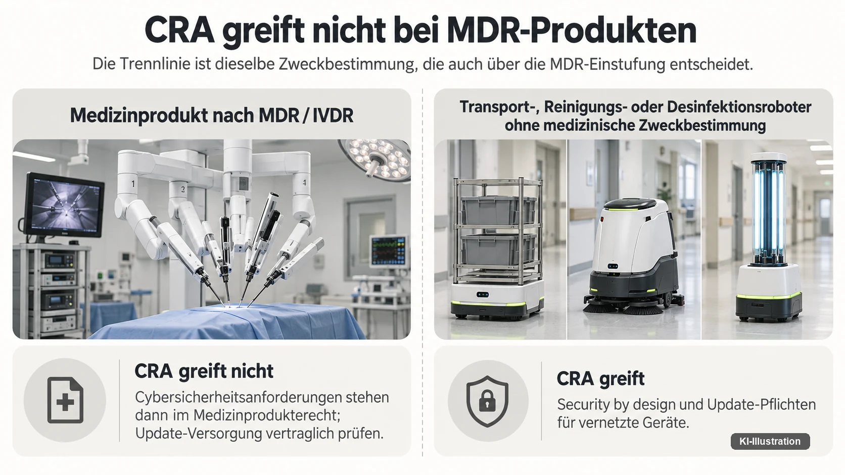 Gegenüberstellung: Links ein Operationsrobotersystem als Medizinprodukt nach MDR oder IVDR, für das der Cyber Resilience Act nicht greift; rechts Transport-, Reinigungs- und Desinfektionsroboter ohne medizinische Zweckbestimmung, für die er greift.