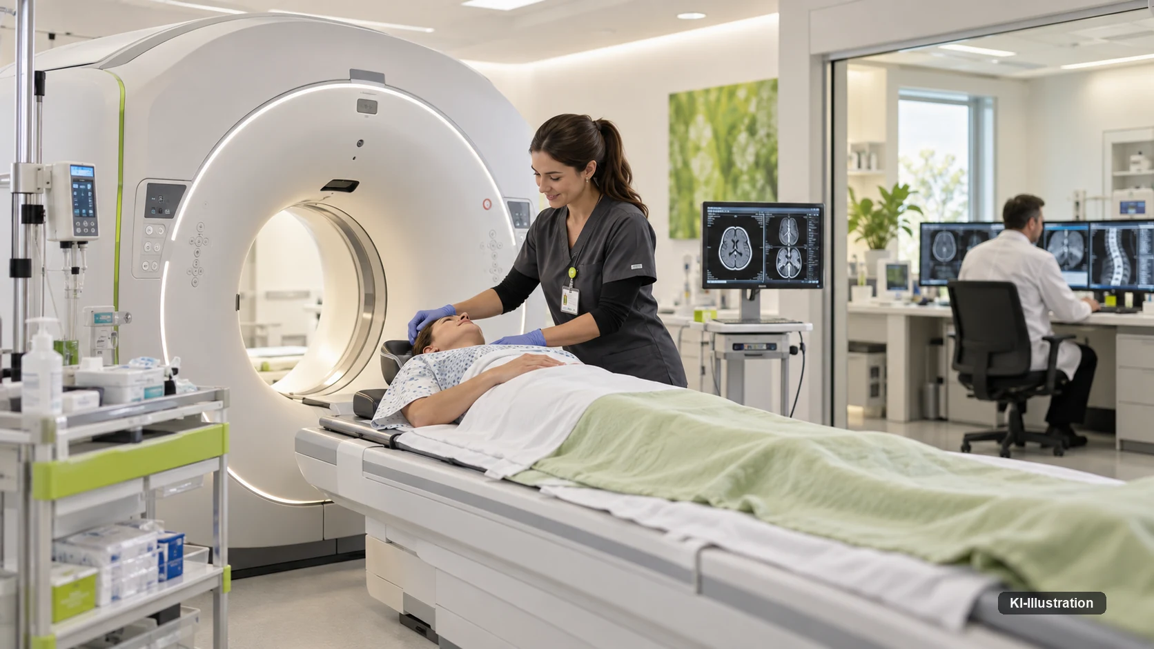 Eine medizinisch-technische Radiologieassistentin lagert eine Patientin am CT, durch eine Scheibe ist der Kontrollraum mit Befundmonitoren zu sehen.