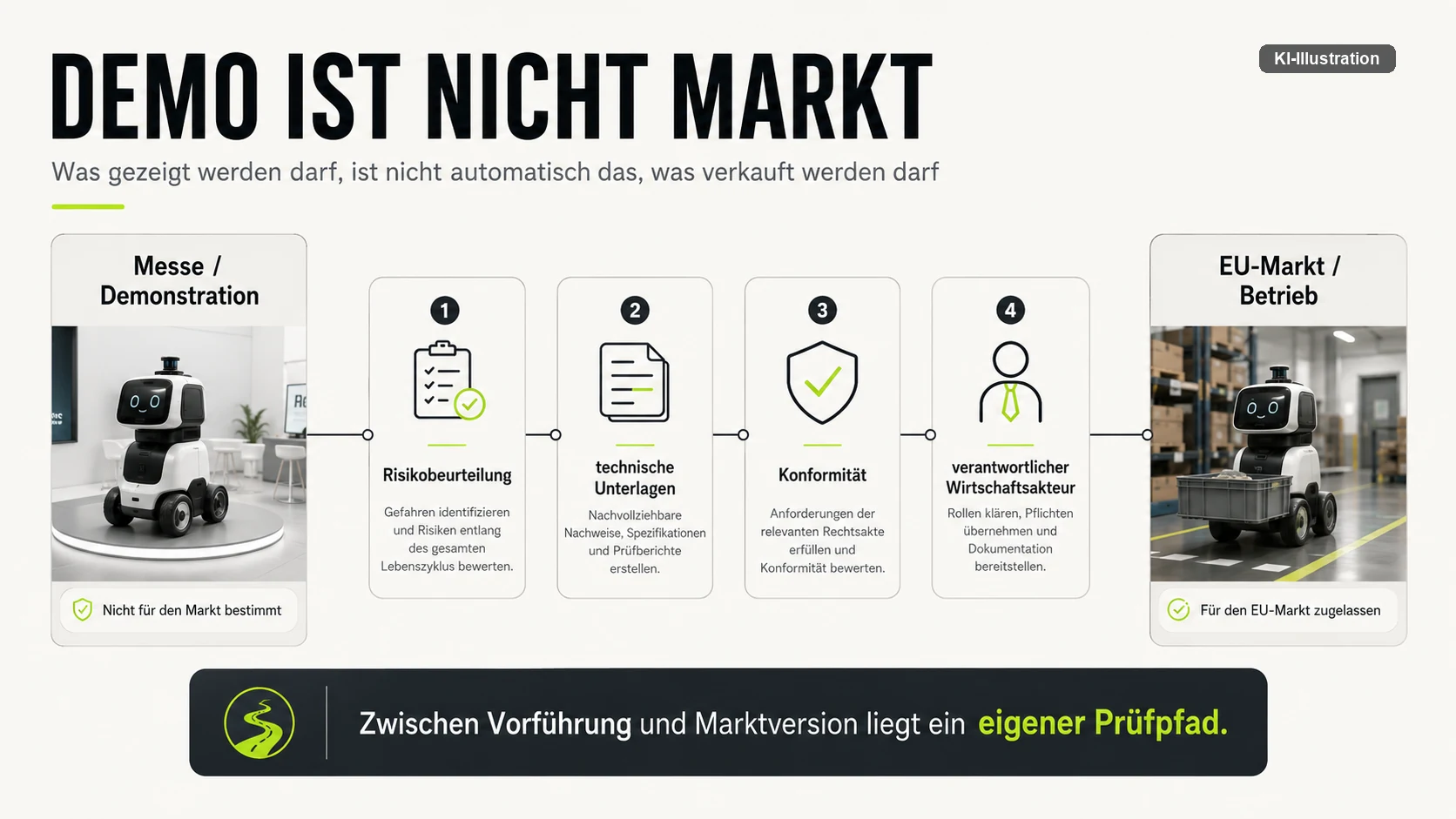 Zwischen Messedemonstration und EU-Markt liegen vier Schritte: Risikobeurteilung, technische Unterlagen, Konformität und ein verantwortlicher Wirtschaftsakteur.