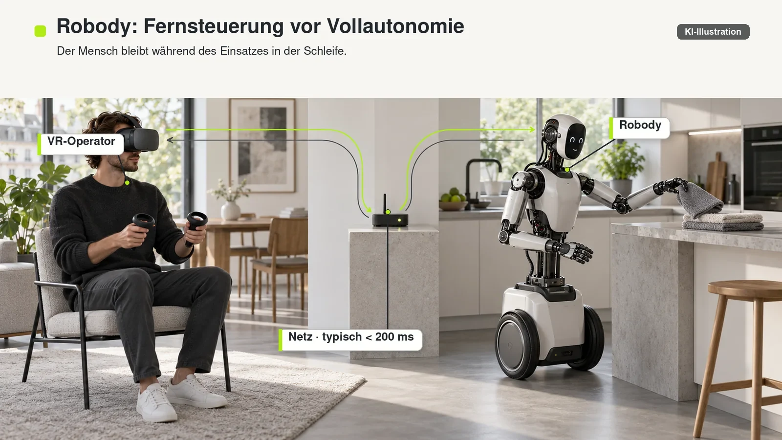 Ein VR-Operator steuert Robody über eine Netzwerkverbindung bei einer definierten Aufgabe im Wohnraum.