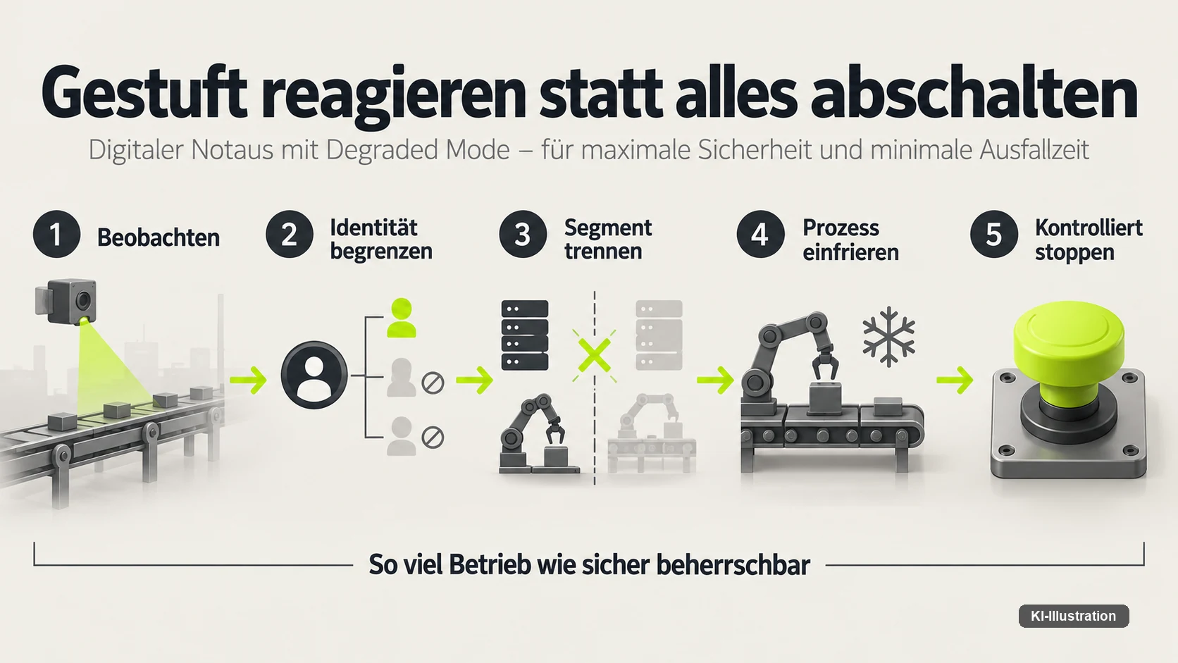 Fuenf Stufen entziehen zuerst Rechte und trennen erst danach Leitungen — jede Stufe schwerer umzukehren als die vorherige.
