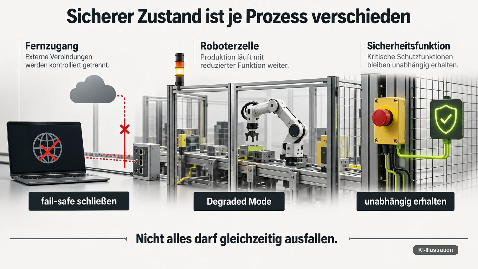 Fernzugang, Roboterzelle und Sicherheitsfunktion brauchen je einen eigenen sicheren Zustand — nicht alles darf gleichzeitig ausfallen.