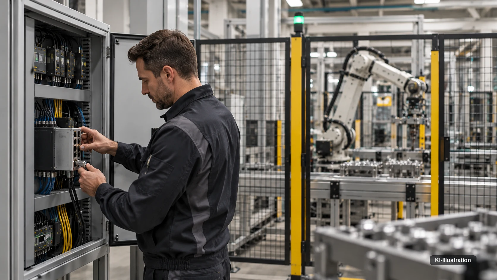 Techniker an einem Schaltschrank neben einer Roboterzelle, im Hintergrund fahrerlose Transportsysteme.