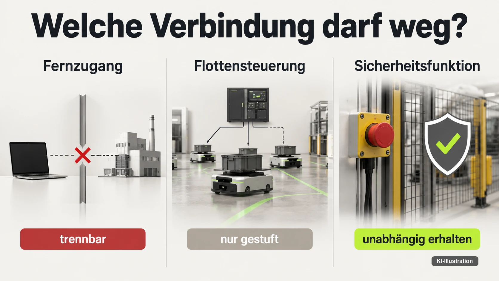 Fernzugang laesst sich fail-safe trennen, die Roboterzelle laeuft im Degraded Mode weiter, und die Sicherheitsfunktion bleibt unabhaengig erhalten — nicht alles muss gleichzeitig ausfallen.