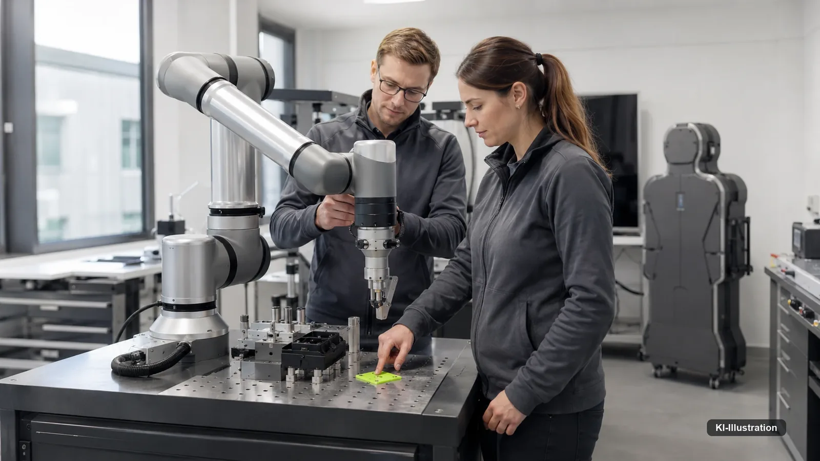 Mehrere Personen stehen um einen auf einer Werkbank montierten Roboterarm, eine Teilnehmerin bedient dabei ein Handbediengerät.