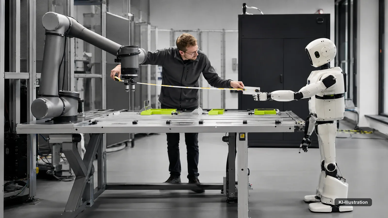 Ein zweibeiniger Roboter greift auf einer abgesperrten Testfläche nach einem Behälter auf einem Regalboden, am Boden sind Messmarkierungen aufgeklebt.
