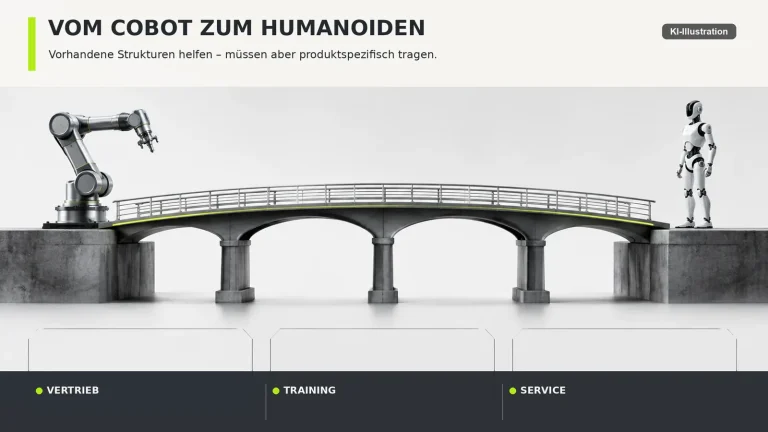 Schematische Darstellung: links ein fest montierter Roboterarm, rechts eine zweibeinige Figur, dazwischen verbindende Pfeile mit den Beschriftungen Vertrieb, Training, Support und Ersatzteile.